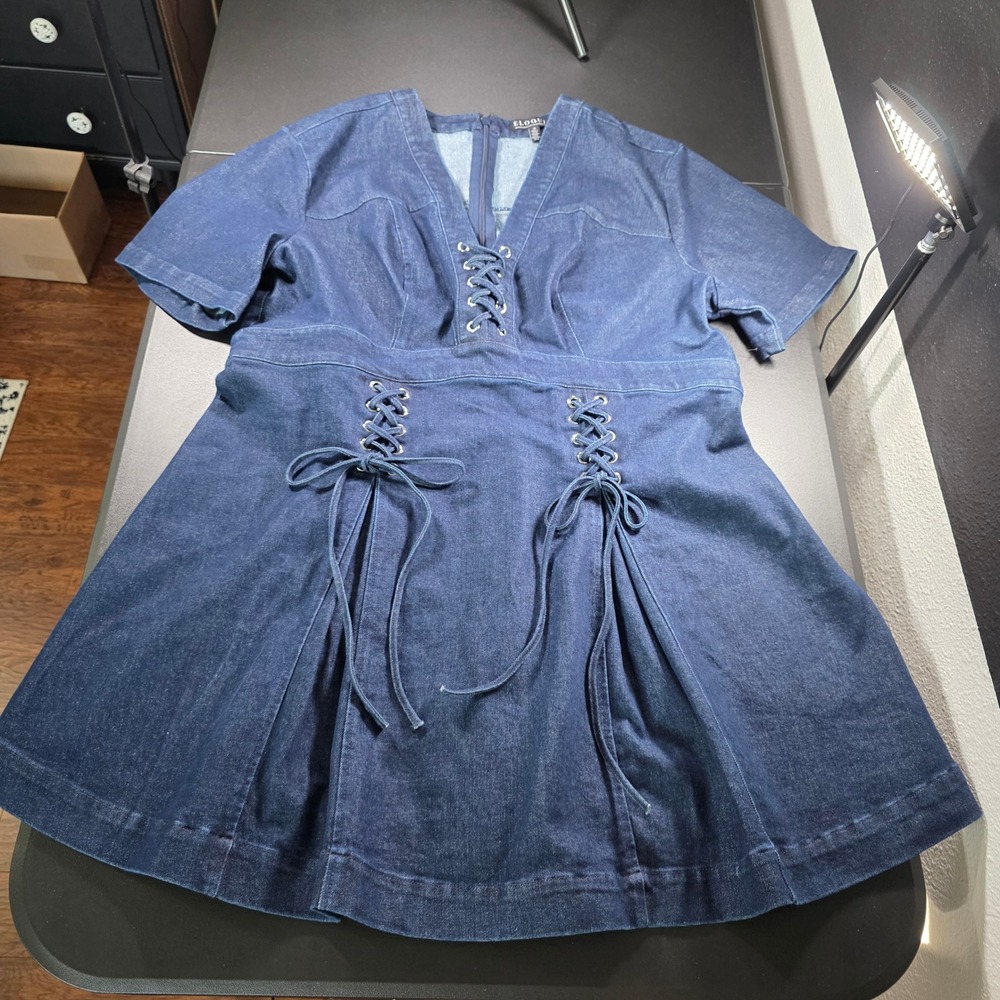 ELOQUII Dark Wash Denim Lace Up Front Pleated Mini Dress Size 18 Plus Size Blue